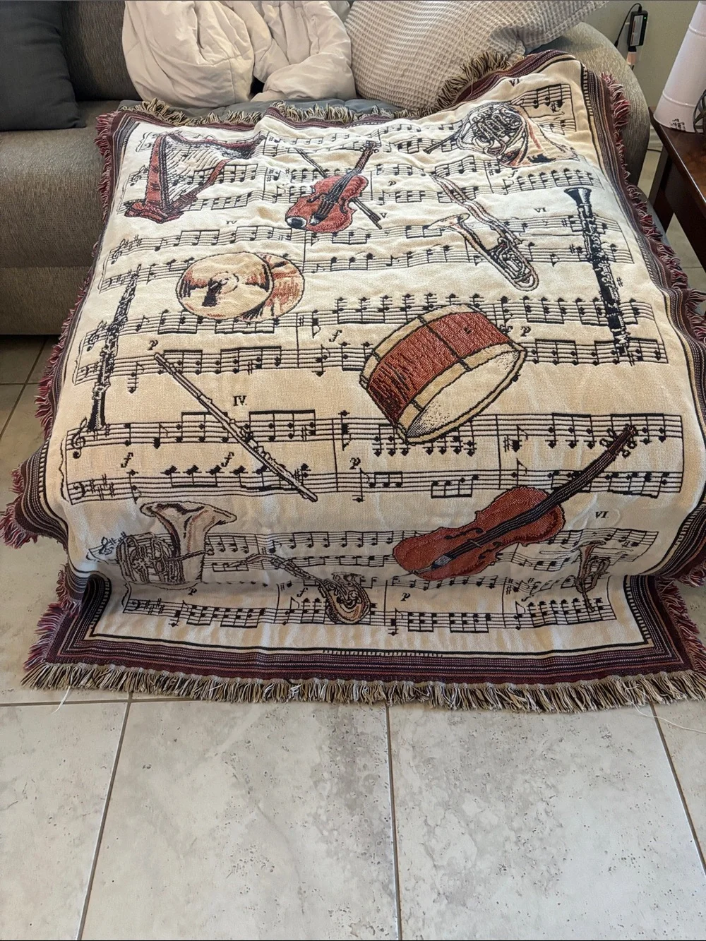 Musical Instruments Woven Throw Blanket - Cream & Rust